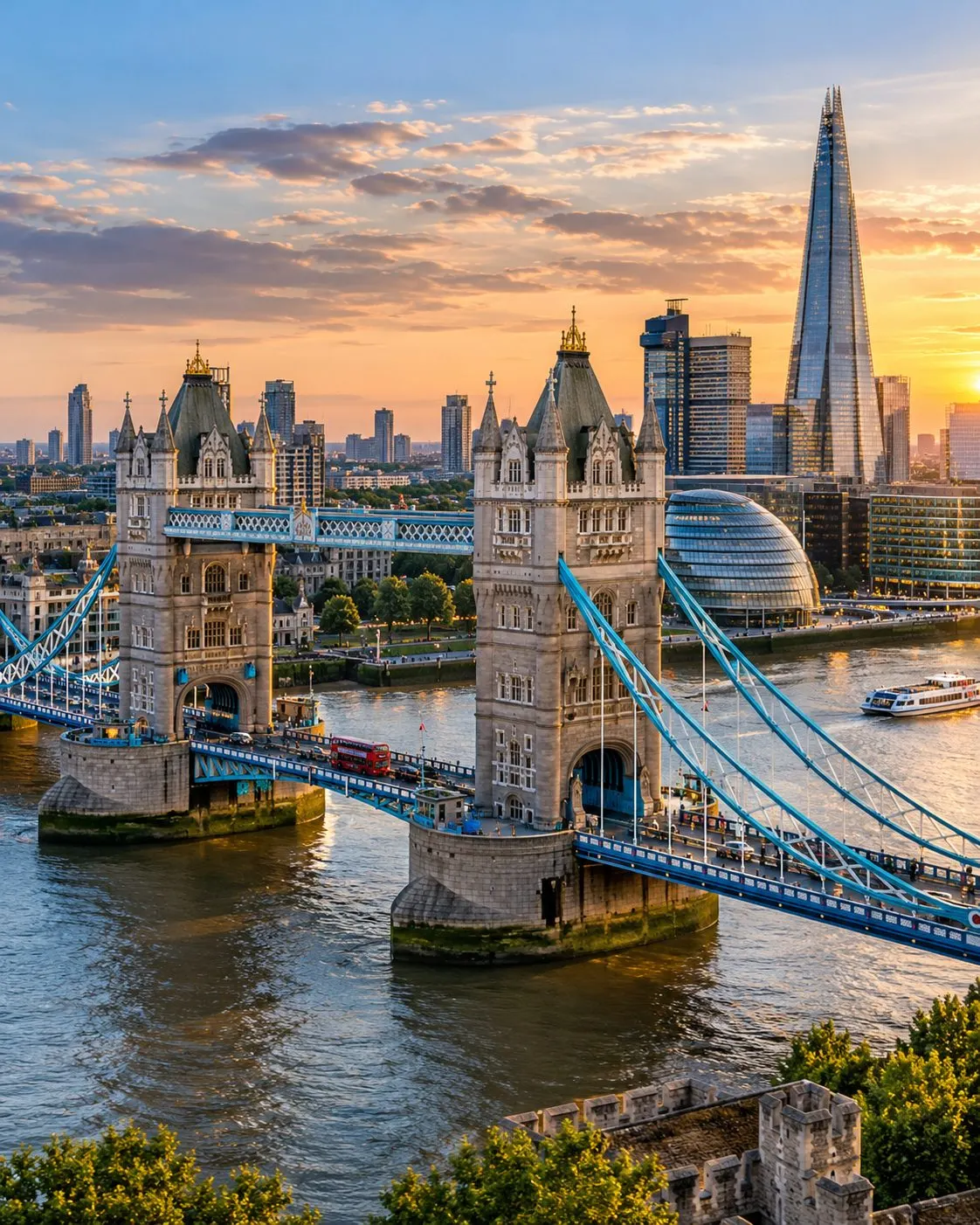 Tower Bridge and the City of London at sunset