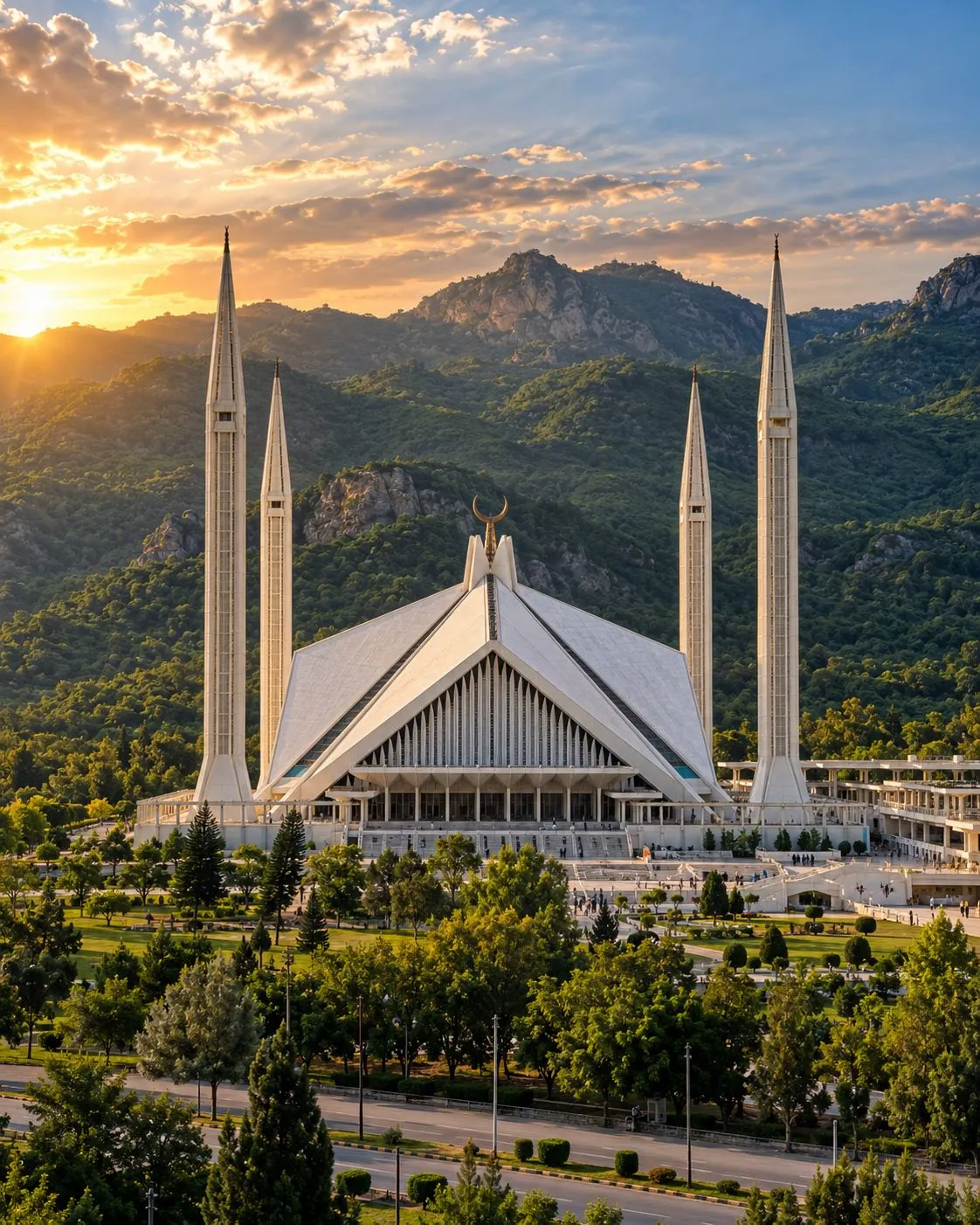 Faisal Mosque, Islamabad, below the Margalla Hills